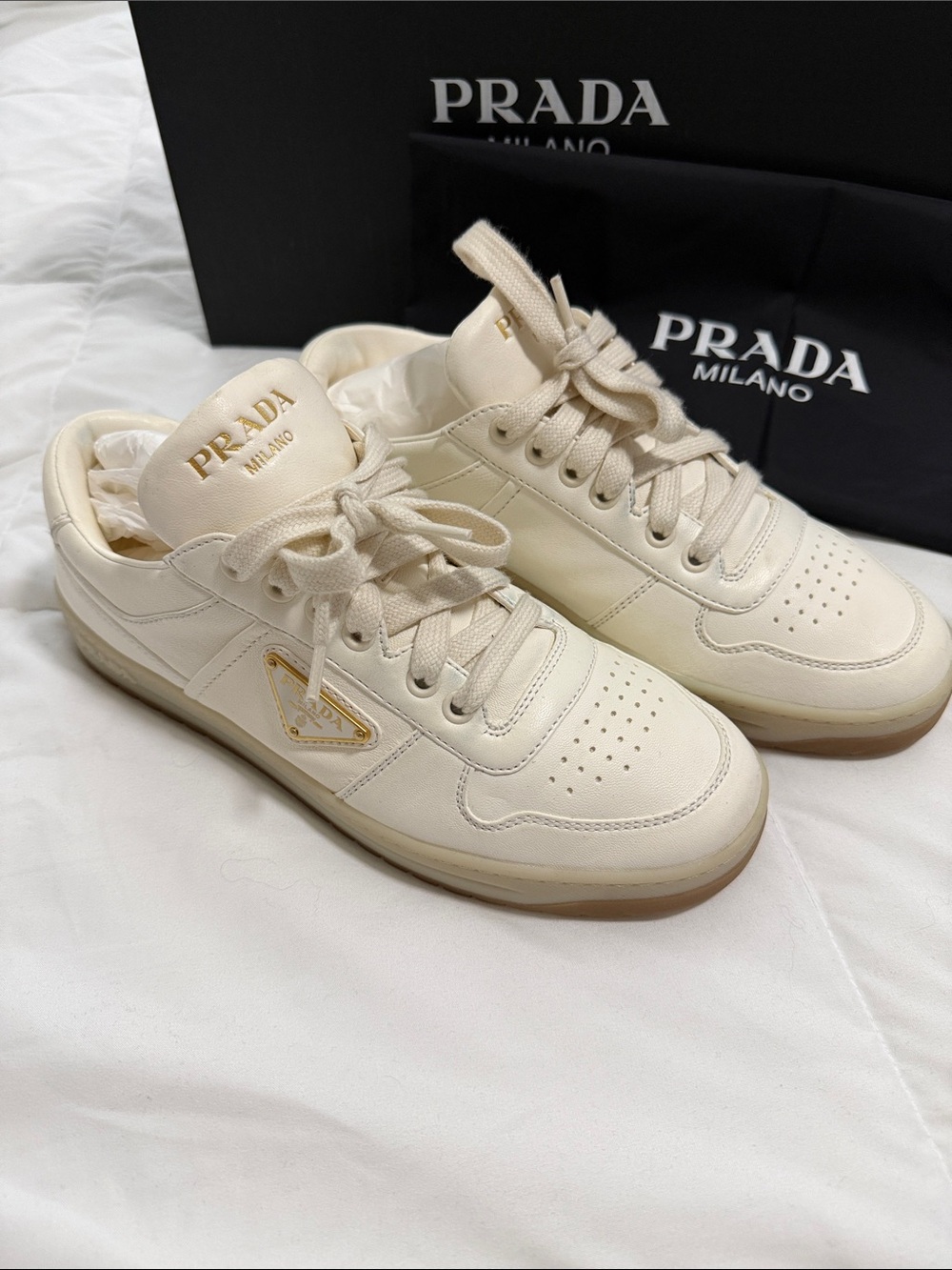 Prada Calzature Donna Cream Leather Low-Top Sneakers